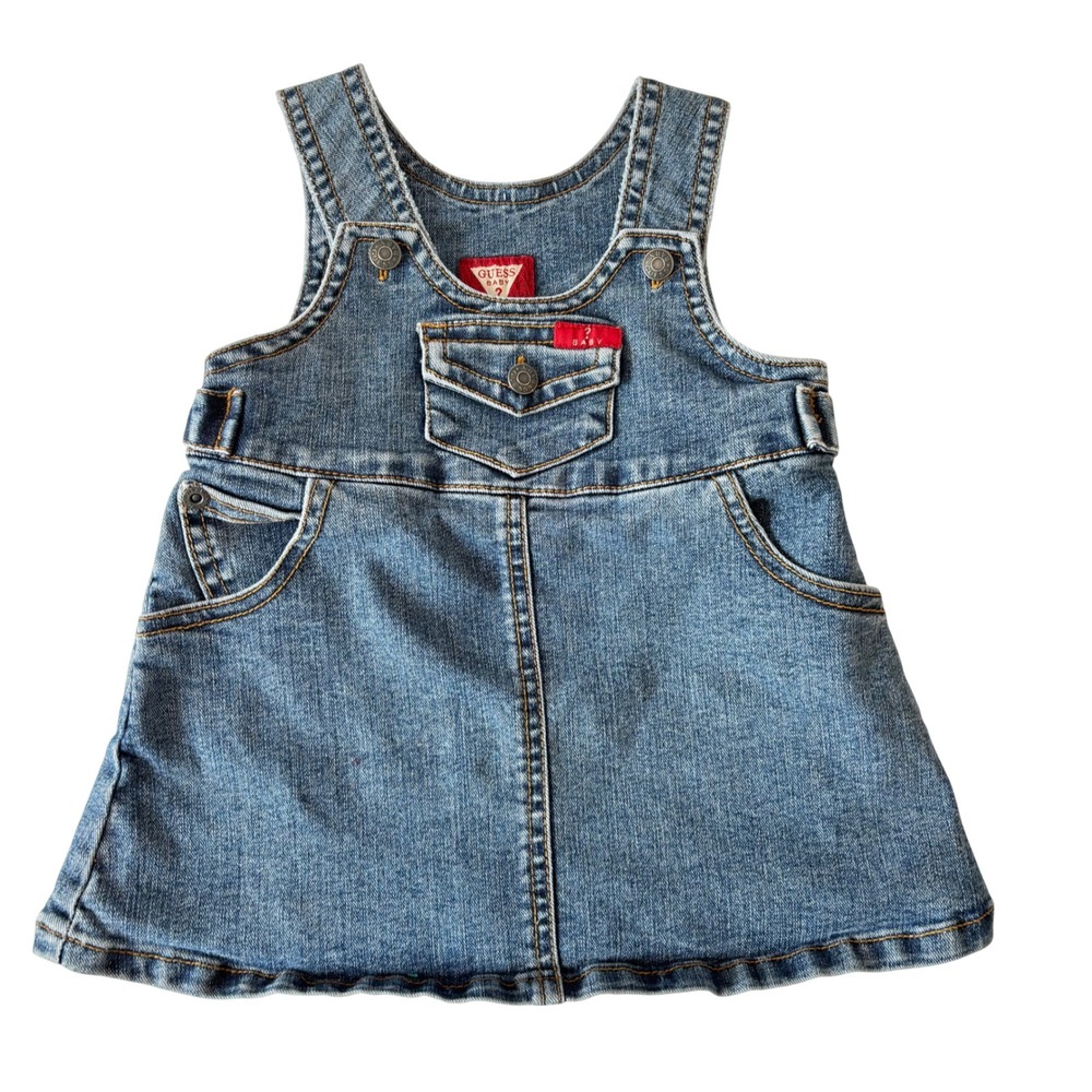 Vintage Guess Baby Girls Blue Denim Overall Dress Jumper Size 6 9 Months 1990s
